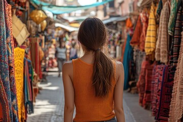 Obraz premium Female tourist exploring the colorful markets of Marrakech, immersing herself in the local culture