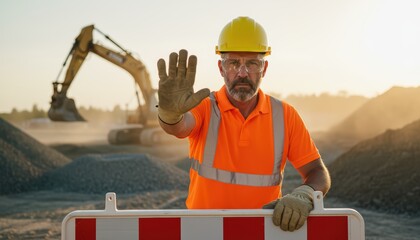 Construction Worker in Safety Gear Signaling Stop during Roadwork Maintenance with Heavy Machinery