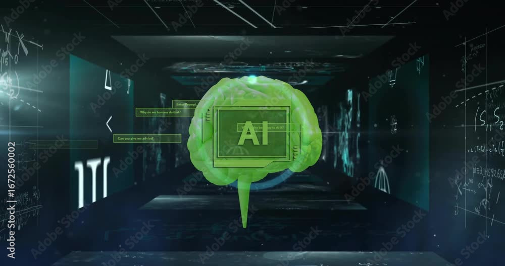Poster animation of ai text, human brain and data processing
