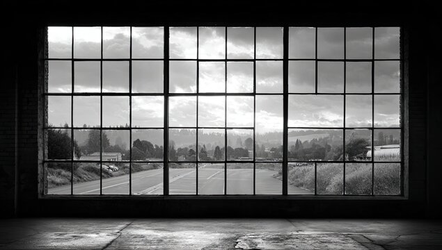 A black and white view through large factory windows