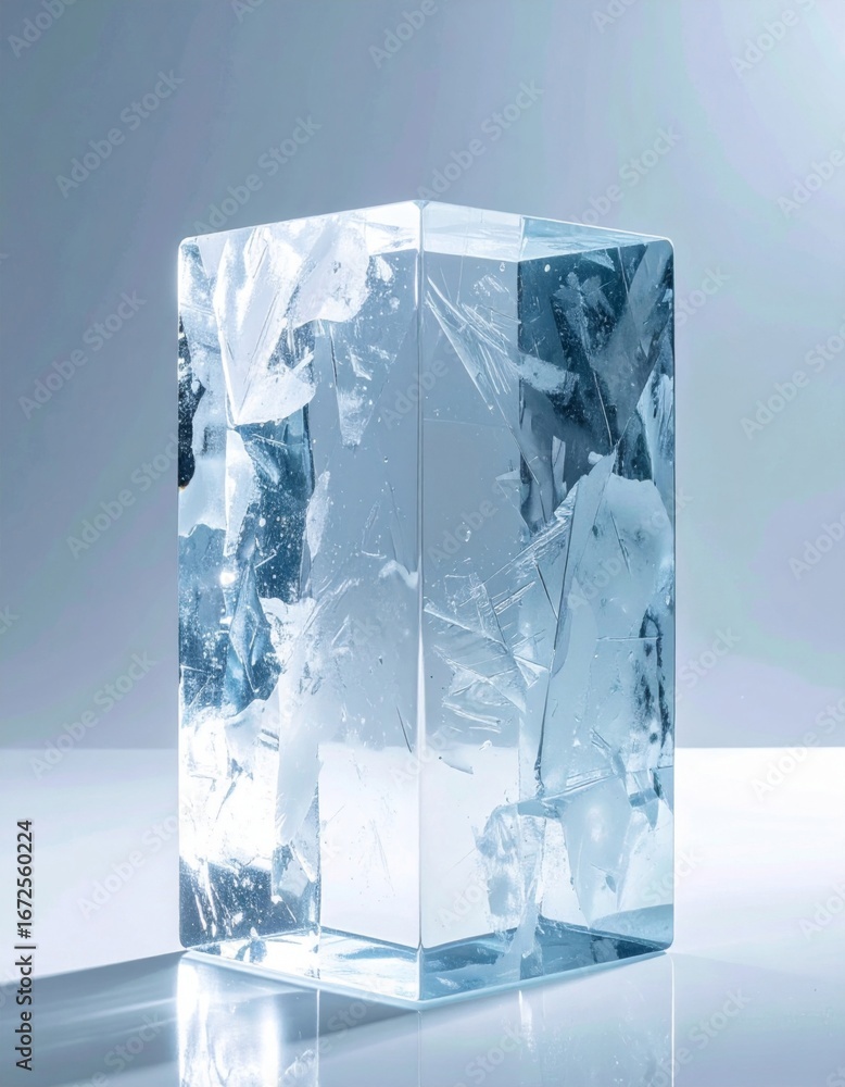 Poster translucent ice block reflecting light in studio on white background with cool tones perfect for des