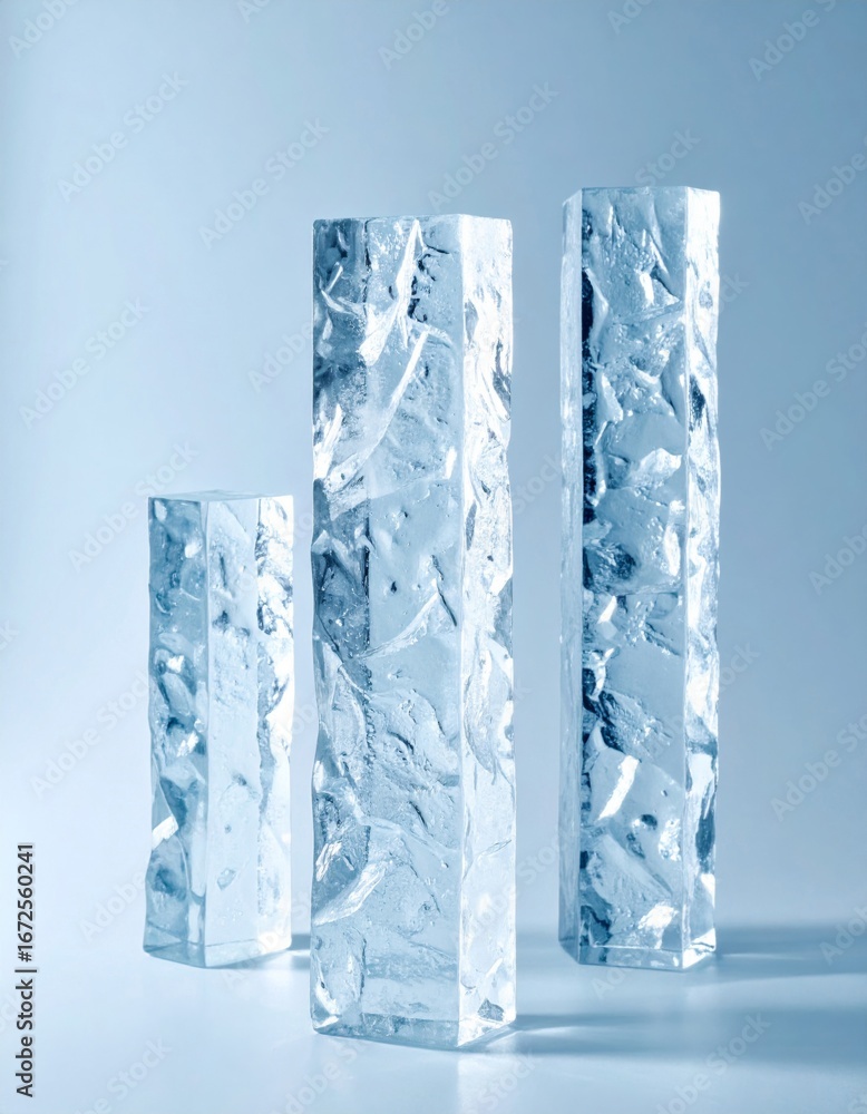 Poster three ice hexagonal prism columns arranged vertically on a soft blue background in studio lighting