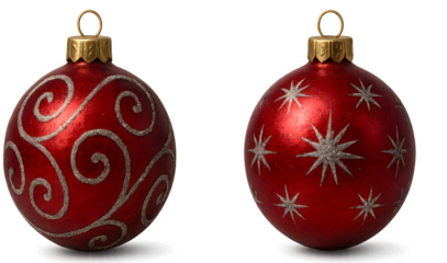 Two red Christmas ornaments with stars on them