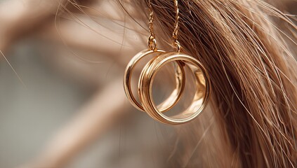 Delicate gold rings dangle from hair