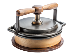 Cast iron burger press with wooden handle isolated on transparent background