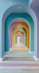 Colorful archway hallway with rainbow hues. Perspective view of a vibrant corridor, pastel decor