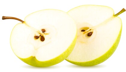 Close-up of two half cut green pears showcasing fresh fruit on a white background