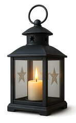 A black lantern with a white star and a lit candle inside