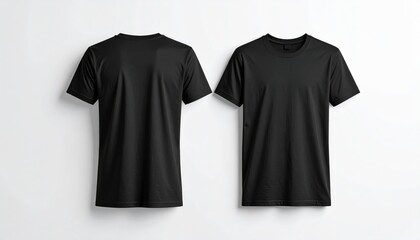 Two plain black t-shirts shown from the front and back views on a white background.