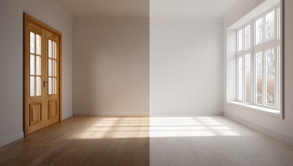 Empty room split in half, one side lit, one side shadowed.  A light-filled room with a large window and wooden doors on one side, and the other side is in shadow