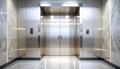 Modern elevator interior, featuring polished stainless steel walls and a gleaming white marble floor.