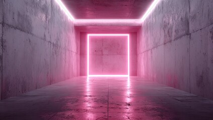 Obraz premium Pink neon-lit concrete hallway