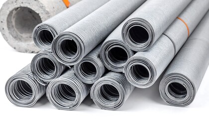 Fototapeta premium Close-up of rolled wire mesh with a concrete tube, showcasing construction material