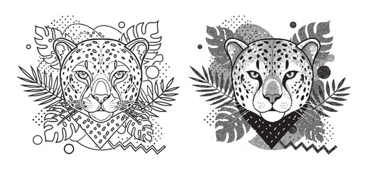 Obraz premium Two Stylish Black and White Cheetah Illustrations with Tropical Leaves and Abstract Patterns