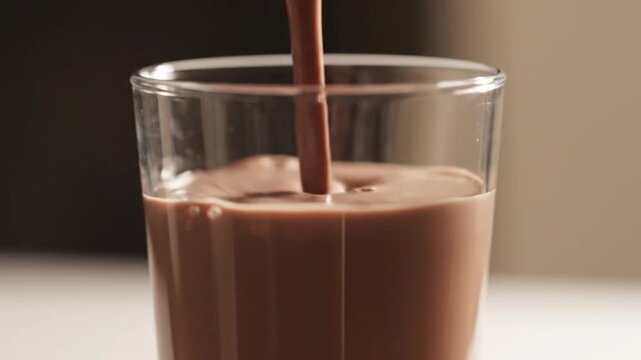 Close-up slow motion shot of pouring delicious chocolate milk into a glass, creating a swirling stream of a creamy cocoa beverage