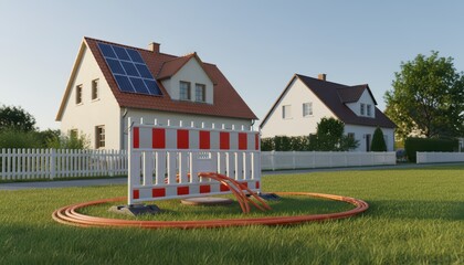 solar powered rooftop house with dynamic construction barriers and garden landscape for modern