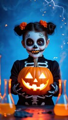 A spooky young girl in a skeleton costume holds a glowing jack-o'-lantern, perfect for halloween-themed designs and festive celebrations.