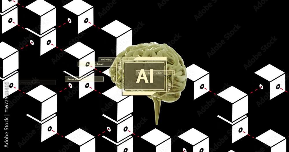 Aufkleber animation of ai text, brain and data processing over black background
