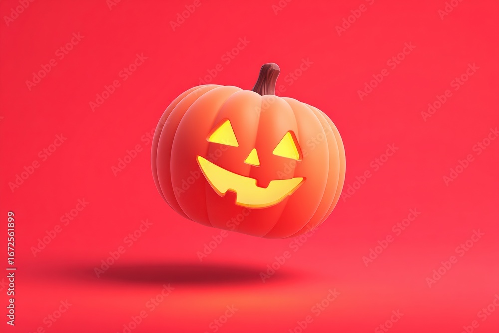 Poster 3d glowing jack-o'-lantern on vibrant red background for ui/ux design