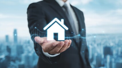 Businessman holding a glowing house icon in his palm with a cityscape and financial graph in the background, symbolizing real estate investment and success