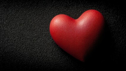 A vibrant red heart rests on a textured black surface