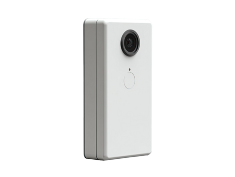 A small, rectangular, off-white, portable video camera.  A single lens is visible, and a button is located near the top.  Compact design - Powered by Adobe