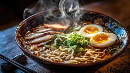 Steaming bowl of ramen noodles, egg, meat, greens, dark bowl