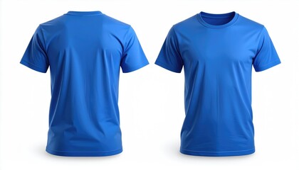 Front and back views of a plain blue t-shirt isolated on white