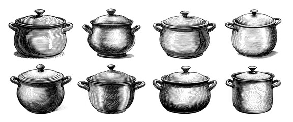 Set of cooking pots in a vintage line drawing style, black and white