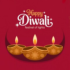 Happy diwali festival of lights greeting card featuring three ornate diyas arranged in a crescent shape against a deep red background