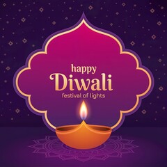 Happy diwali festival of lights greeting with a single illuminated diya inside a decorative purple frame on a dark background