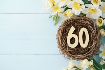 An eye-level shot presents a nest holding the number 60, embellished with floral elements, symbolizing a milestone celebration, on a pastel blue wooden surface.