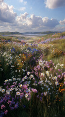 Obraz premium A vibrant wildflower meadow with diverse flora under a cloudy sky.