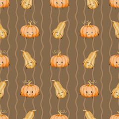 Seamless halloween pattern with cute hand drawn watercolor kawaii pumpkins on brown wavy background. Autumn harvest design perfect for fabric, textile, wrapping paper, wallpaper, decoration
