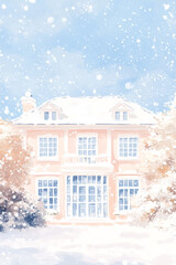 A picturesque winter landscape with a charming house covered in snow, evoking a sense of serenity and seasonal beauty.