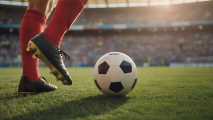Obraz premium Closeup of a soccer players foot kicking a ball on a green field in a stadium during a match, with stadium lights in the background
