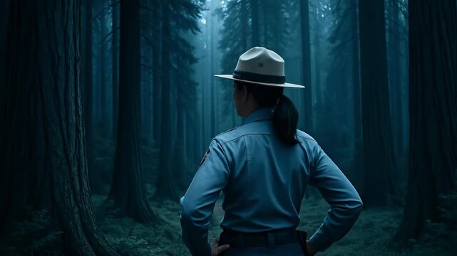 Guardian of the Wilderness: A Park Ranger in Uniform Stands Deep in a Misty, Dense Forest, Observing Nature's Serenity and Mystery