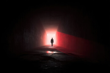Fototapeta premium a man comes out of a dark tunnel into the light