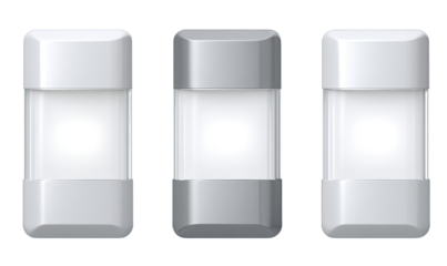 Three rectangular, light-emitting devices, presented in a row.  Each has a translucent, light-diffusing panel, and a metallic, angled frame.  Variations in tone suggest different color options