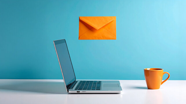 A sleek laptop and a bright orange coffee mug sit on a white desk against a vibrant blue background, with an orange envelope icon floating above. This modern, minimalist setup is ideal for illustratin
