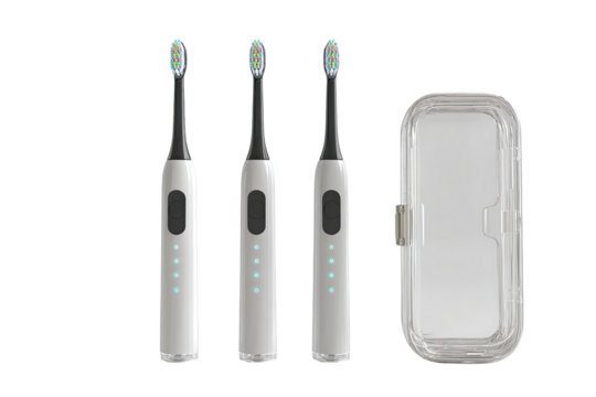 Three modern electric toothbrushes in a light gray/white color scheme, presented vertically, with a matching clear storage case