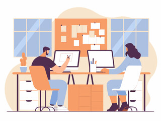 Creative agency employees designing digital content marketing plan in modern office workspace