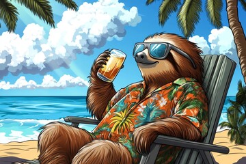 A tropical paradise beach vacation is where a sloth has found its best life, with the perfect accompaniments being a cold coconut drink and a pair of fashionable sunglasses