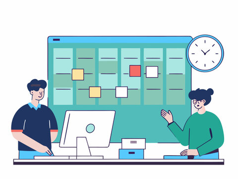 Flat design of office workers tracking project progress using desktop computer and task board