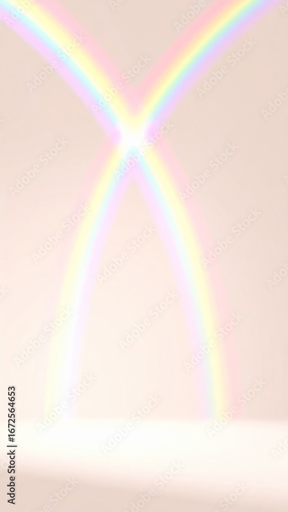 Poster intersecting rainbows on beige background showcasing prism light effect and gradient color spectrum