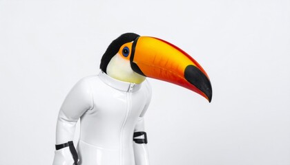 Naklejka premium Weird Conceptual Portrait of Toucan Head on a Human in White Suit on White Background