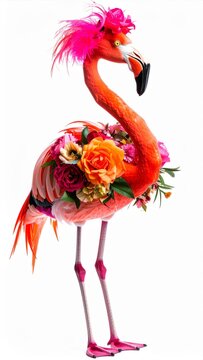 Bright Pink Flamingo Ornament Adorned with Flowers on White Background