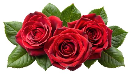 Fototapeta premium Three elegant red roses surrounded by their lush green leaves on white