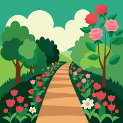 Garden pathway surrounded by blooming flowers in spring