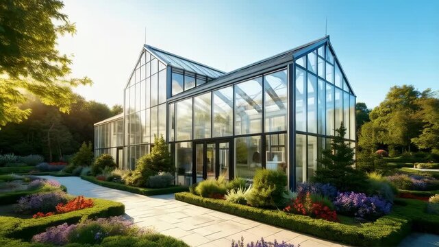 view on big glasshouse with colorful flowers and road